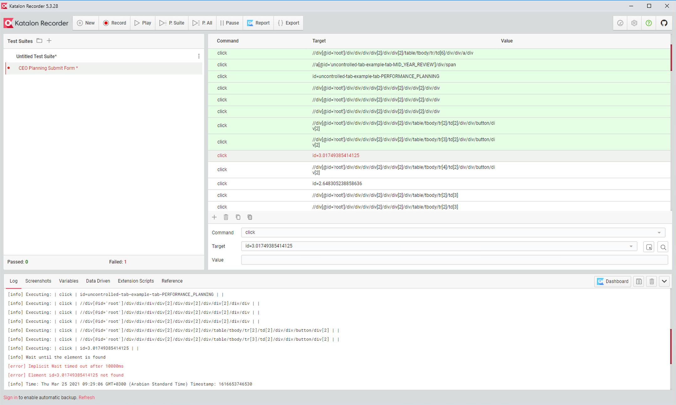 KR 5.3.28 — the legacy Katalon Recorder UI with cluttered layout, flat test case structure, and no visual differentiation from Selenium IDE.
